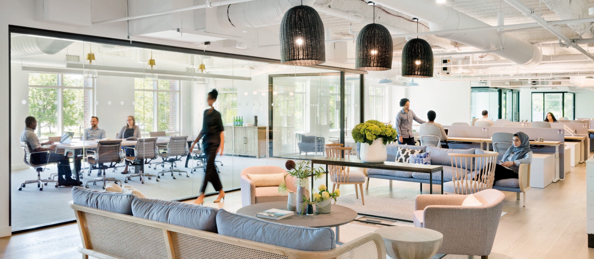 Bright open office lounge with glass partitions and woven pendant lights