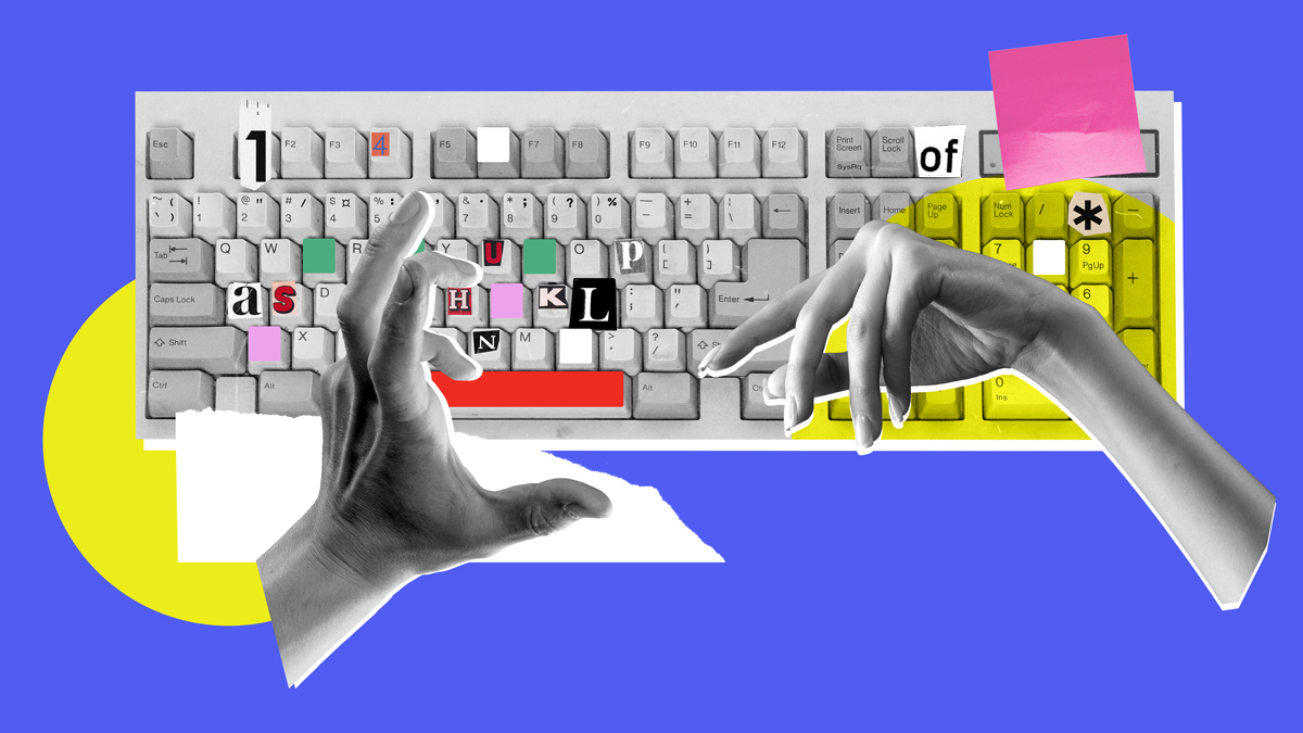 Collage of hands over a vintage keyboard with cut-out letters on blue background