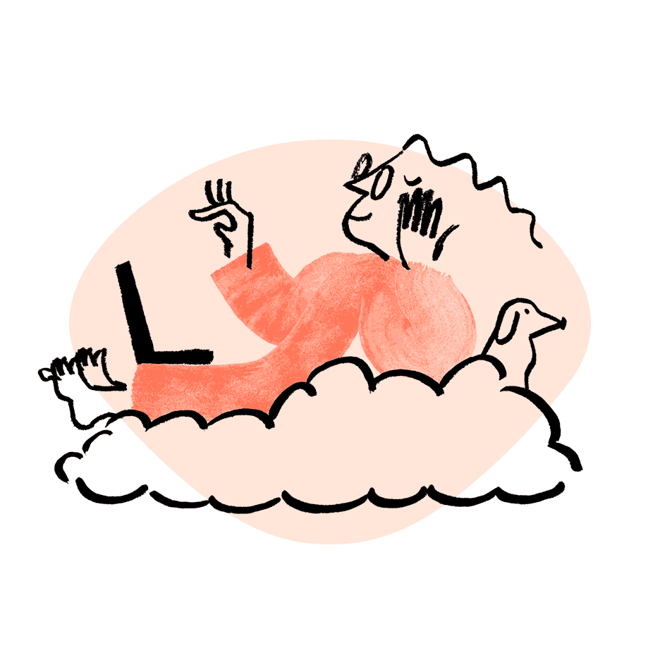 Illustration of a person reclining on a cloud with a laptop and a small bird companion