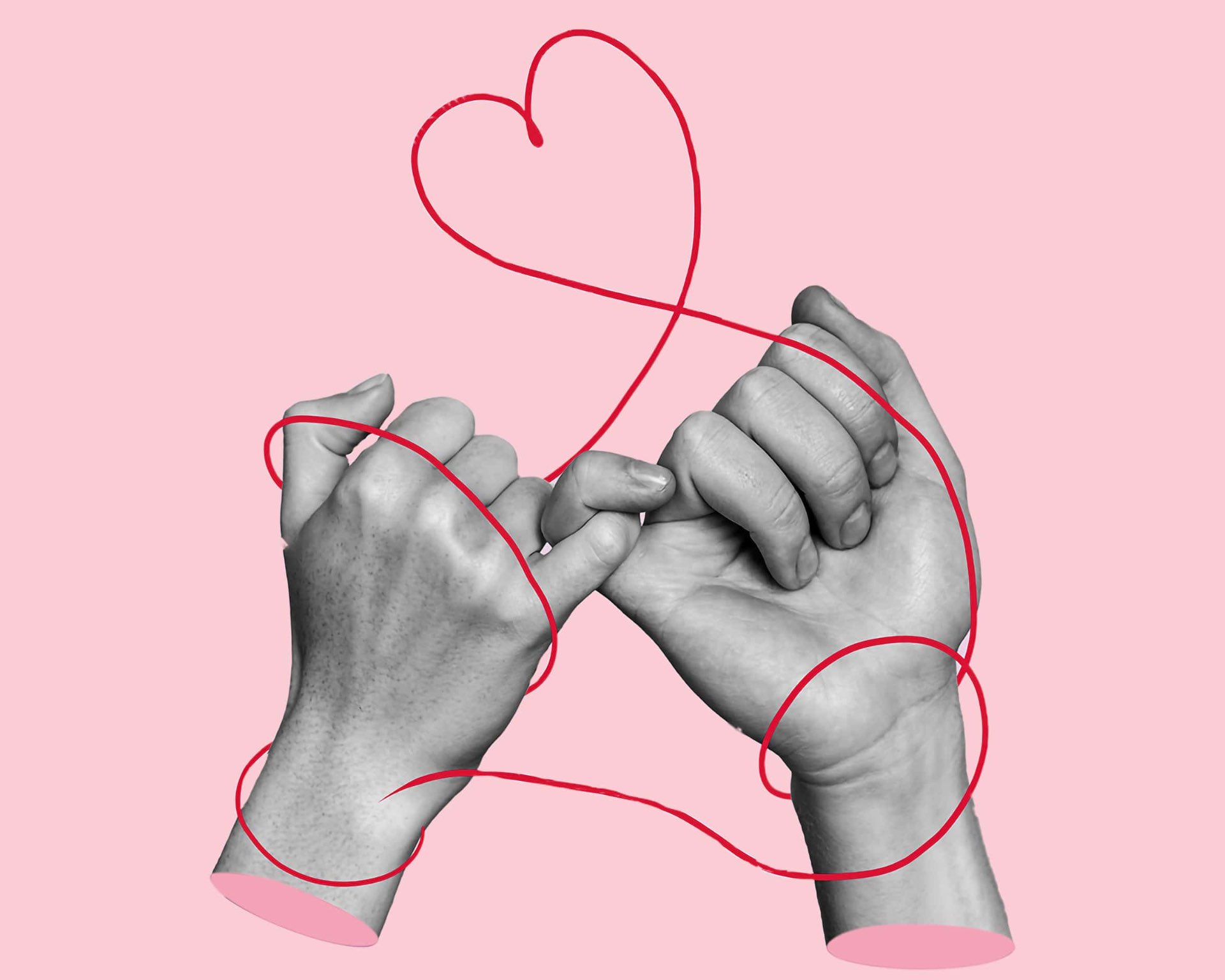 Two hands linking pinky fingers with a red thread forming a heart on pink background