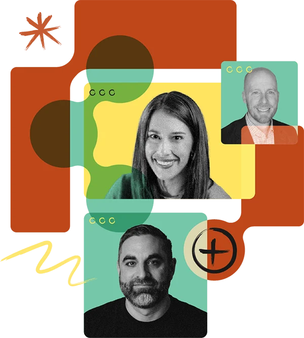 Colorful collage of three smiling people in browser-style frames