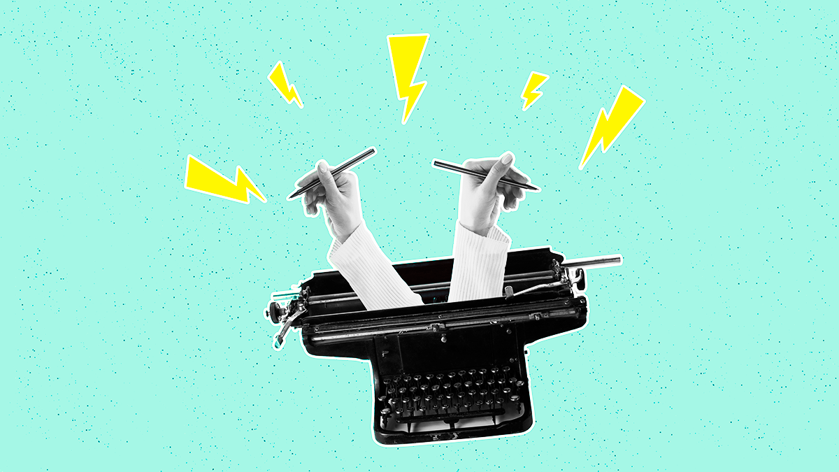 Hands holding pens emerging from a typewriter with yellow lightning bolts on mint