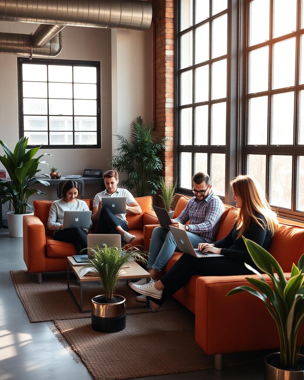 Hybrid workplace lounge with diverse team on laptops, terracotta sofas and plants