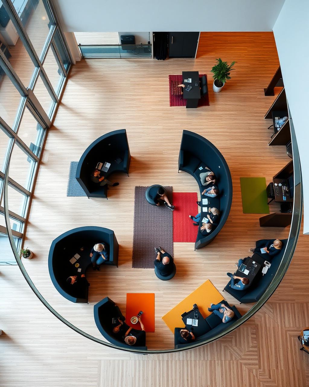 Top-down view of a modern community workplace with curved booths and wood floors