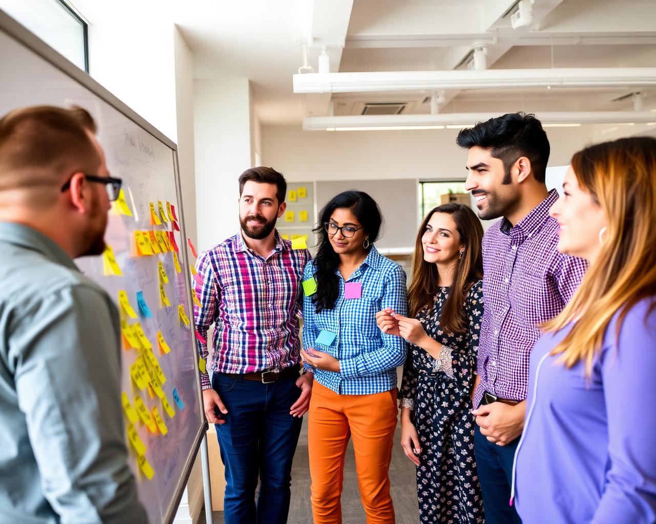 Diverse team brainstorming with colourful sticky notes on a whiteboard