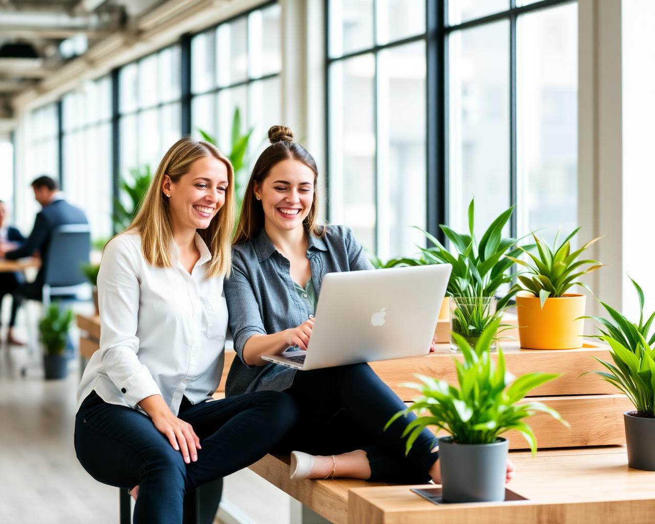 Two colleagues laughing while sharing a laptop in a sunlit hybrid office