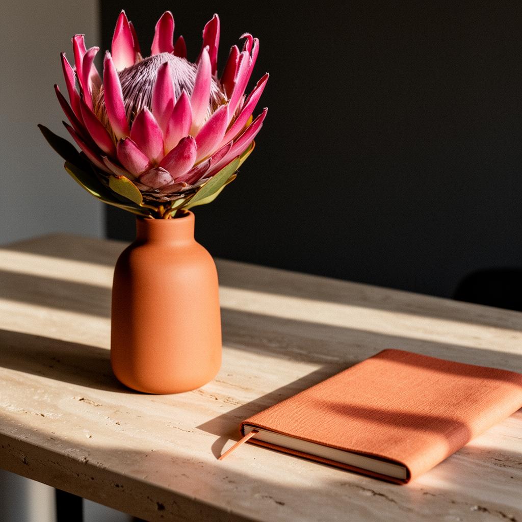 Warm, dimly lit workspace corner with a leather chair and a magenta protea in a terracotta vase, golden-hour light through blinds