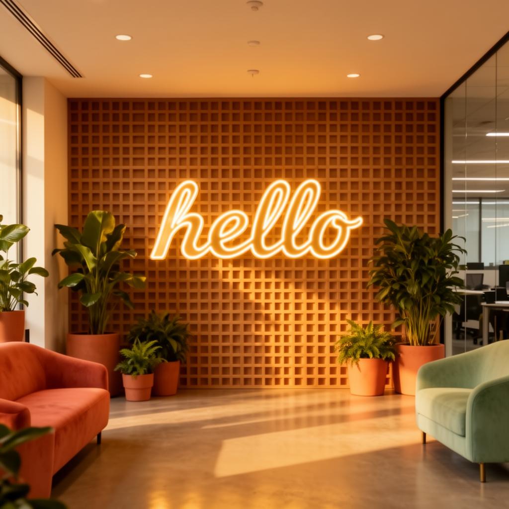 Warm workplace lobby with neon hello sign, terracotta sofas and plants