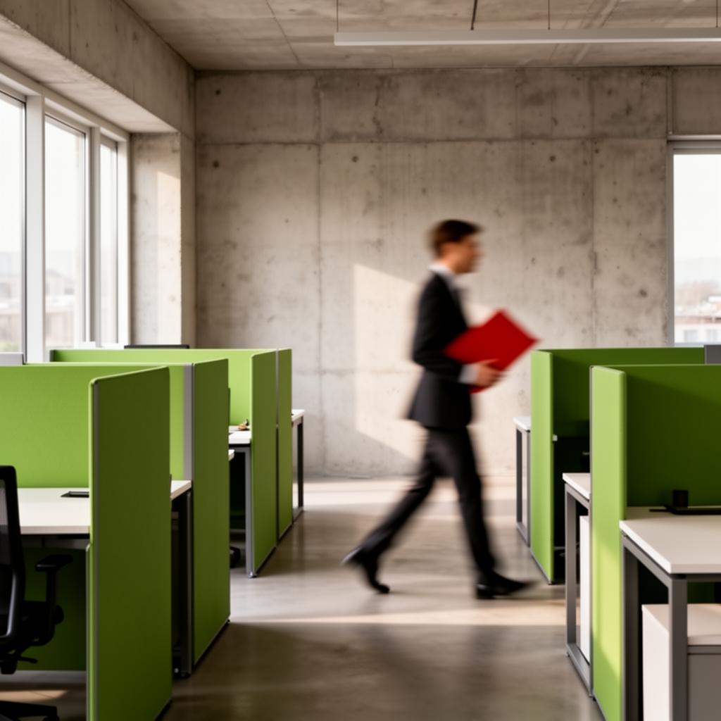 Modern open office with a blurred figure walking past green cubicle dividers