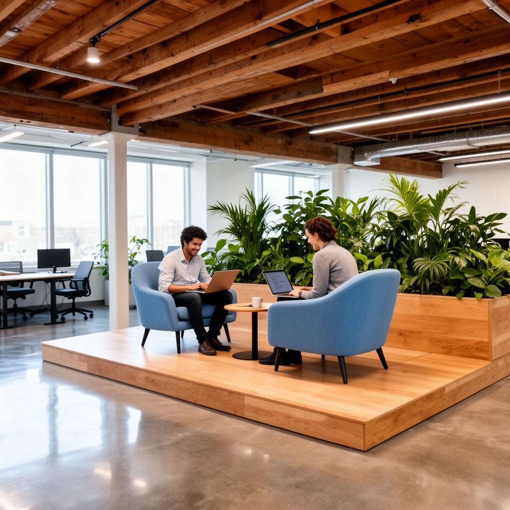 Two colleagues collaborating on blue armchairs on a wooden platform surrounded by planters