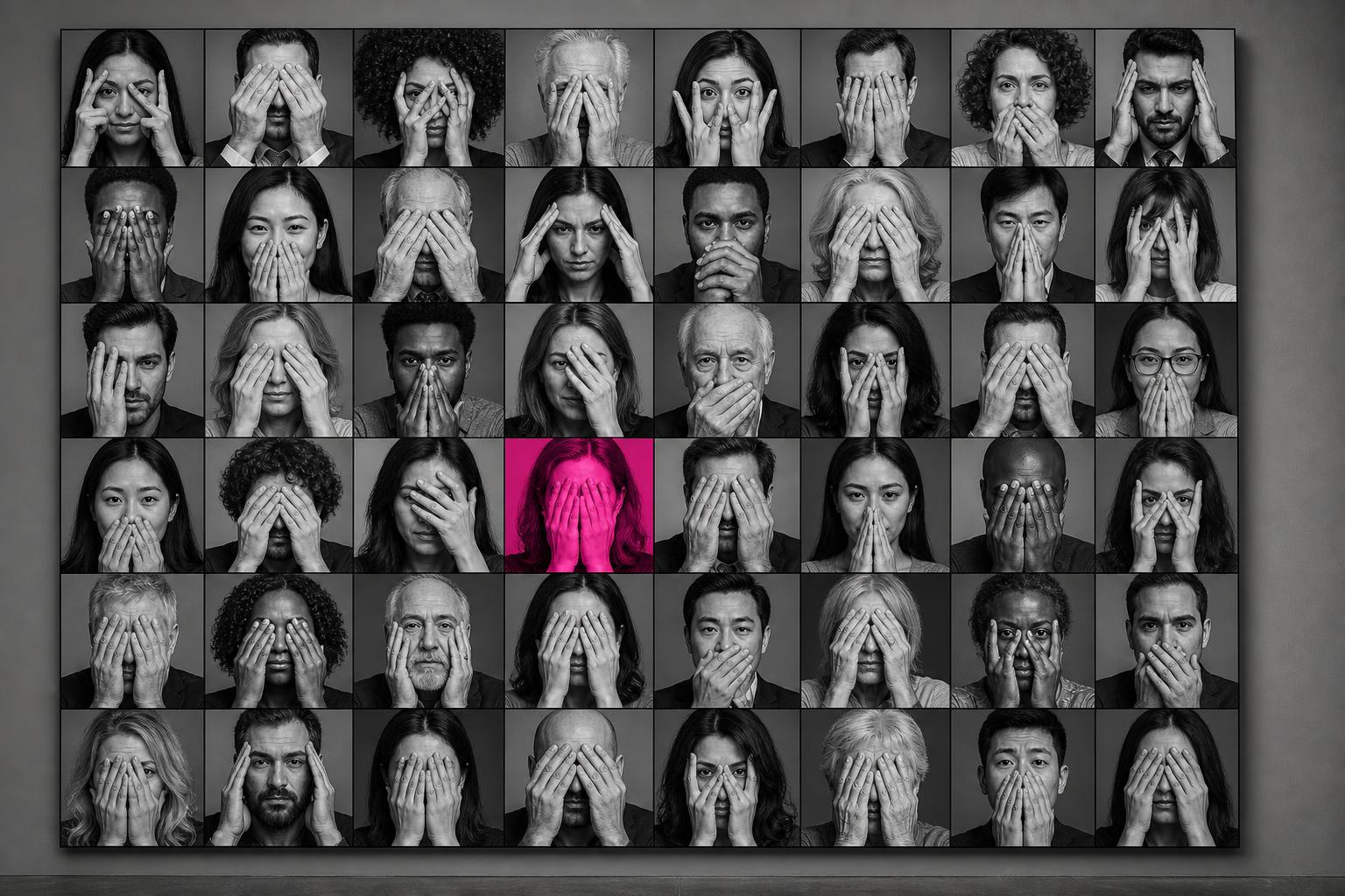 Let's Reset — portrait grid of diverse professionals covering their faces, one tile in magenta as a focal accent