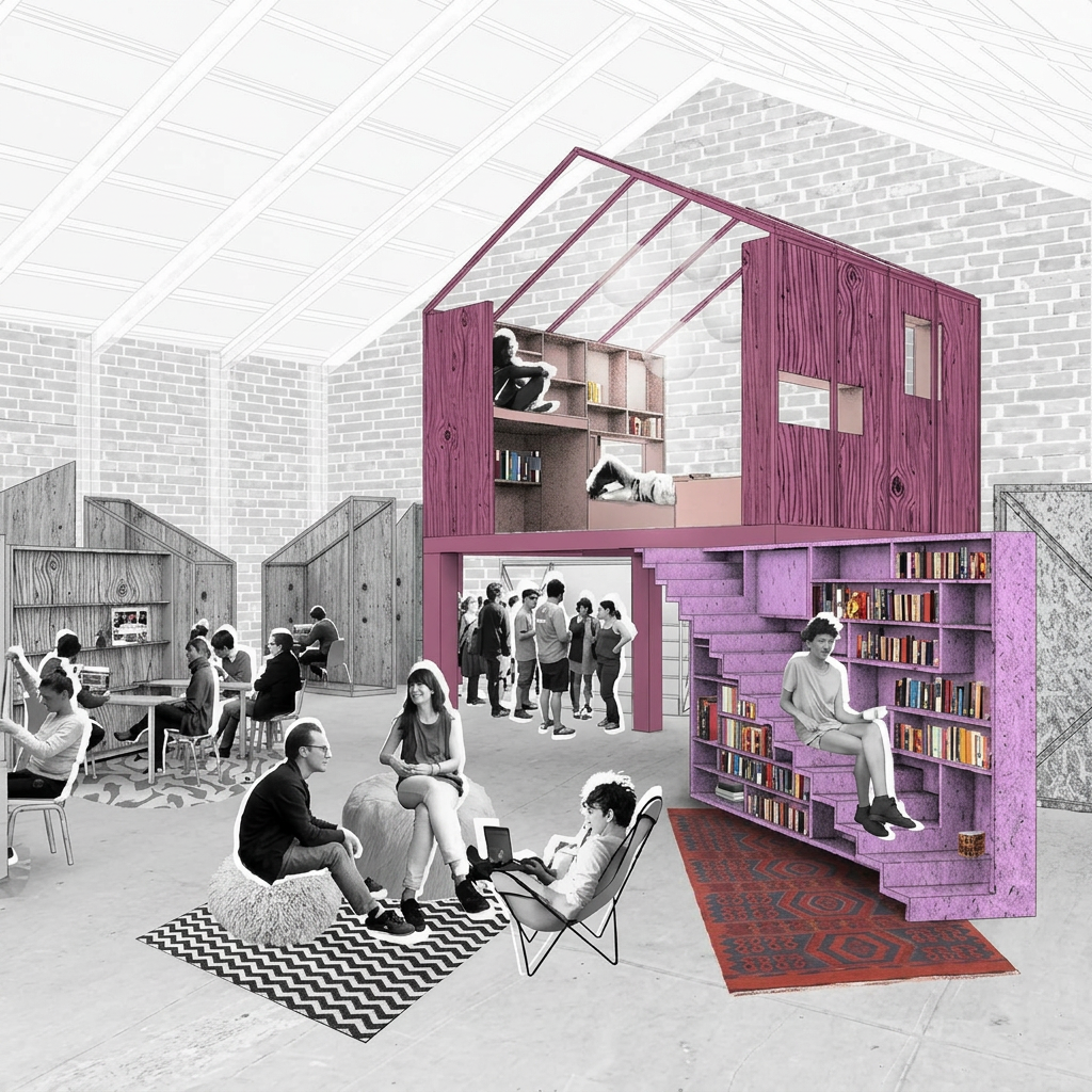 Reset Workplace — a vibrant community space, rendered in black and white with the central magenta studio in colour